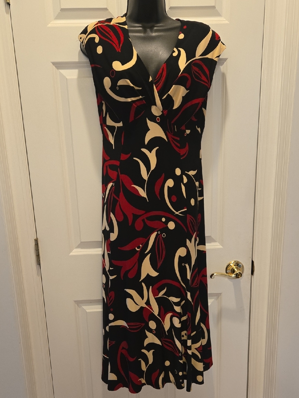 Jones New York Midi Dress 8 Bias Cut Printed Stretch Jersey V-neck Cap Sleeve